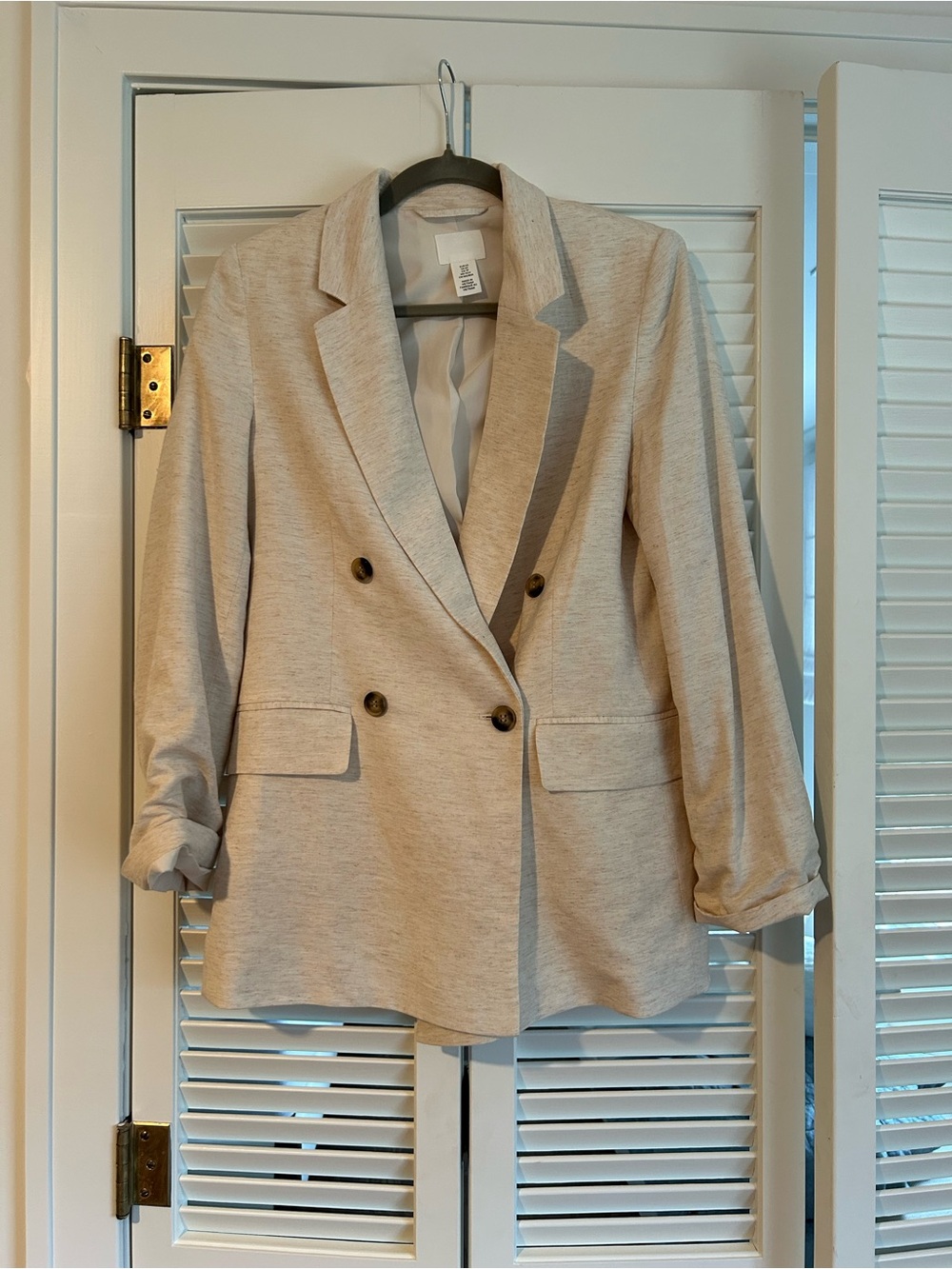 H&M Neutral Oatmeal Blazer Double Breasted Notched Lapel Linen Viscose Work XS